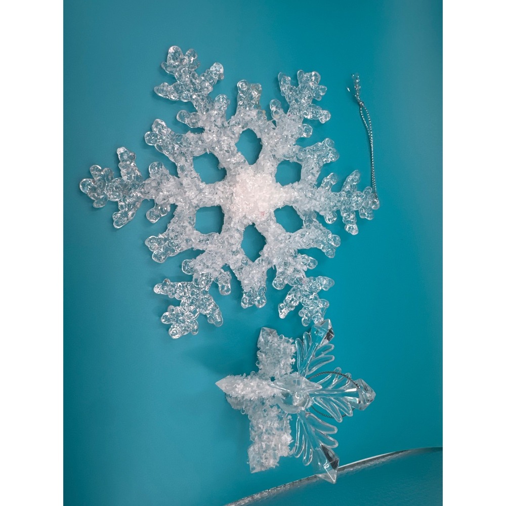 Clear Acrylic Snowflake and Angel Christmas Ornament Set 2pc Frosty Ice Decor